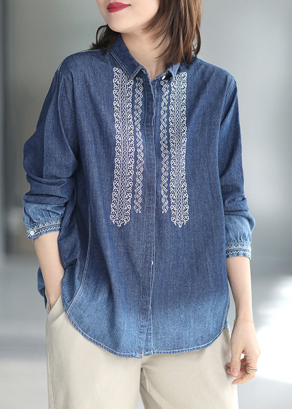 Natural Blue Peter Pan Collar Embroideried Patchwork Denim Shirt Long Sleeve LY6156 - fabuloryshop