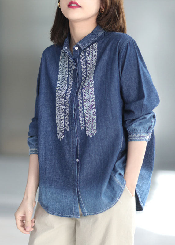 Natural Blue Peter Pan Collar Embroideried Patchwork Denim Shirt Long Sleeve LY6156 - fabuloryshop