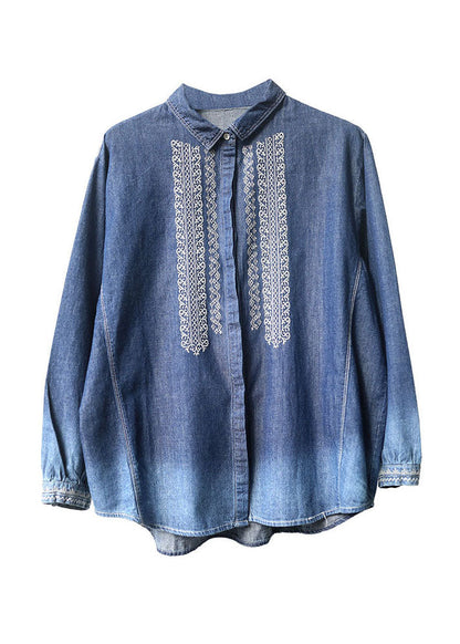 Natural Blue Peter Pan Collar Embroideried Patchwork Denim Shirt Long Sleeve LY6156 - fabuloryshop