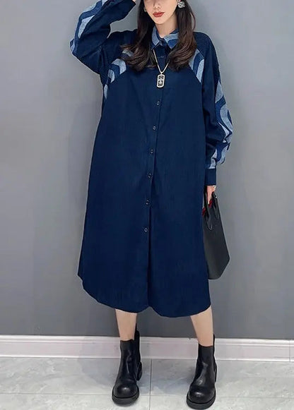 Natural Blue Peter Pan Collar Patchwork Denim Shirts Dresses Fall Ada Fashion