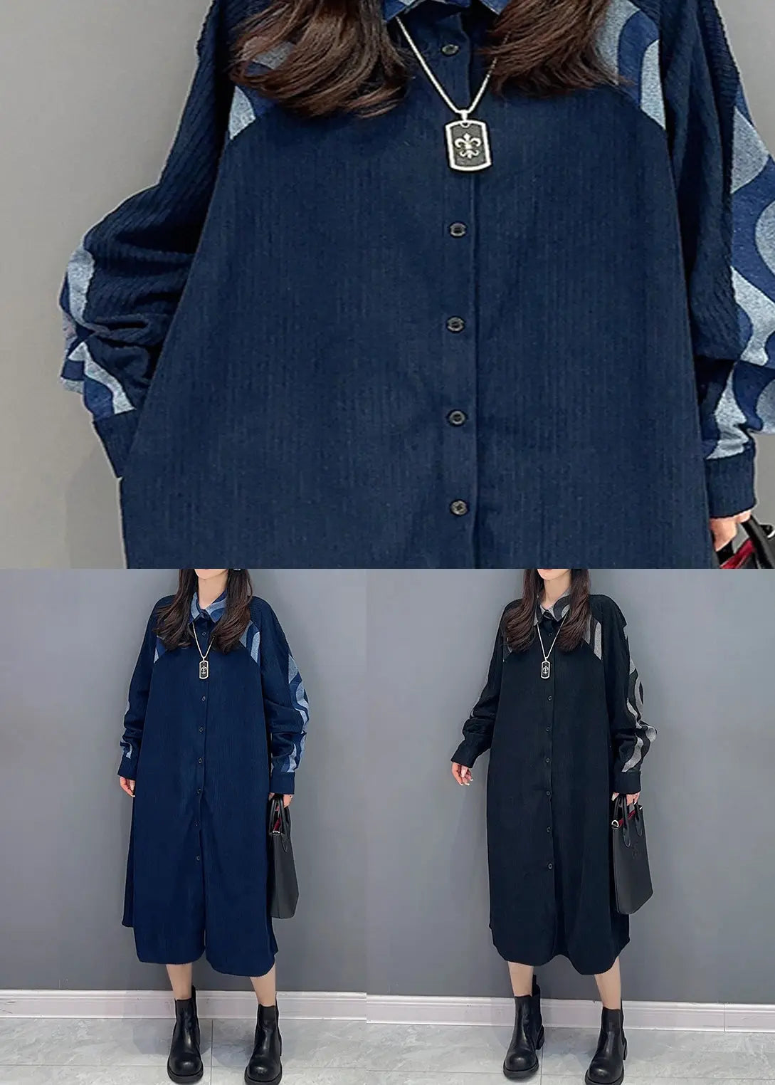 Natural Blue Peter Pan Collar Patchwork Denim Shirts Dresses Fall Ada Fashion