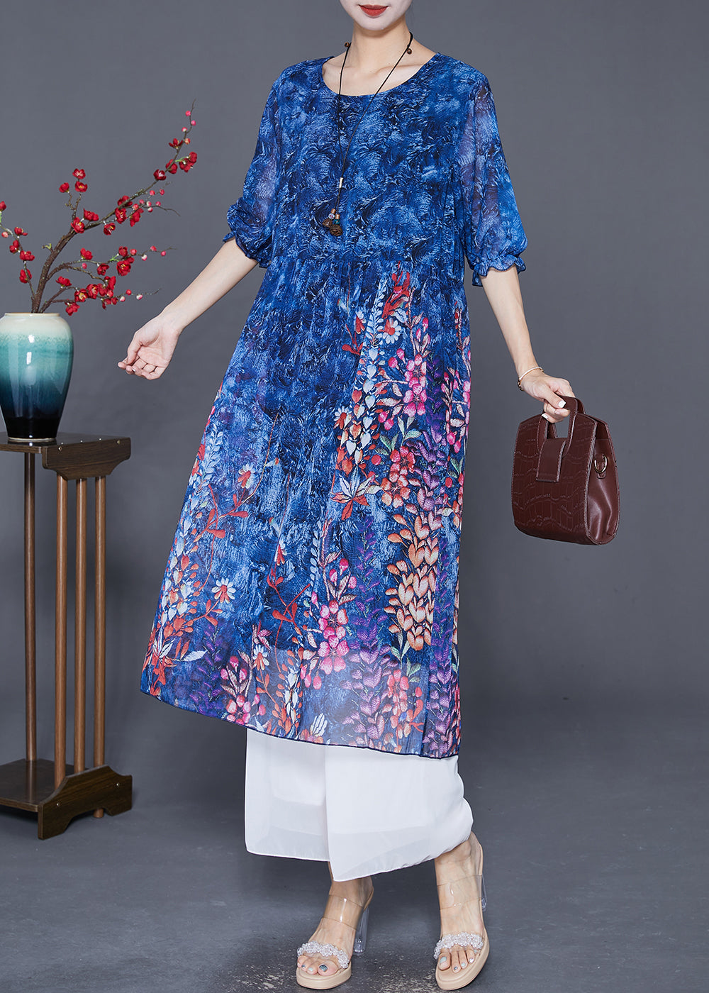 Natural Blue Print Draping Chiffon Beach Dresses Summer LY7616