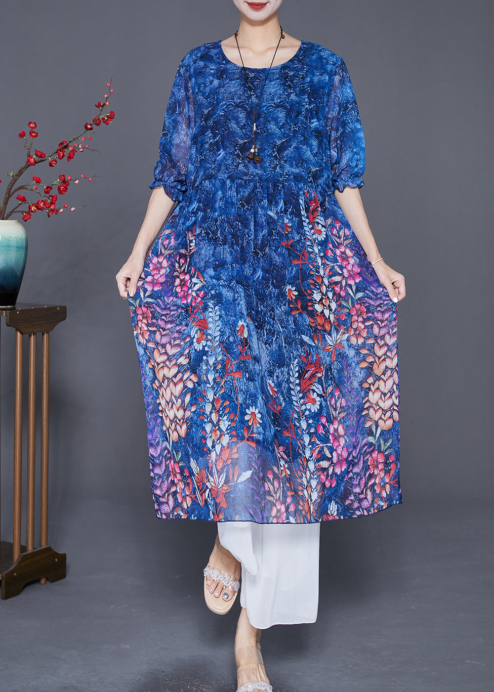 Natural Blue Print Draping Chiffon Beach Dresses Summer LY7616