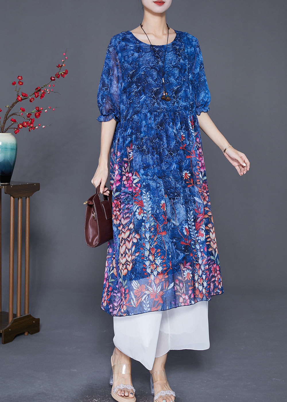 Natural Blue Print Draping Chiffon Beach Dresses Summer LY7616