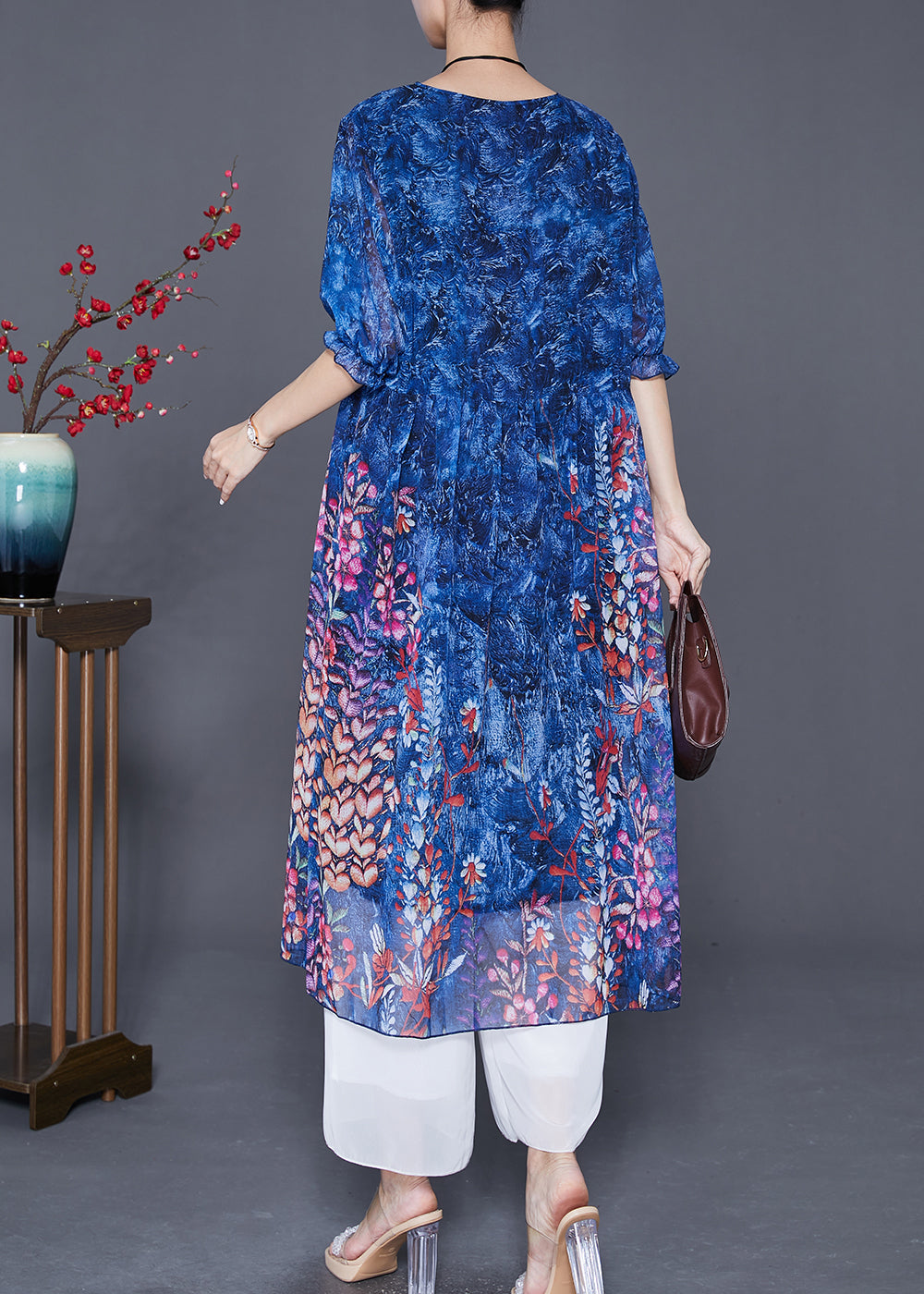 Natural Blue Print Draping Chiffon Beach Dresses Summer LY7616