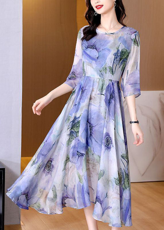 Natural Blue Print Exra Large Hem Silk Maxi Dresses Bracelet Sleeve LC0088 - fabuloryshop