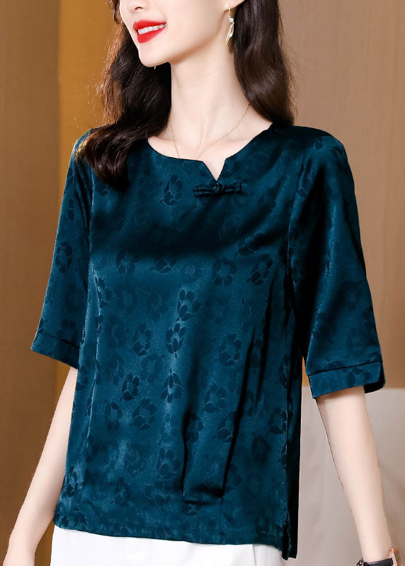 Natural Blue Print Patchwork Oriental Button Silk Tops Summer LY0429