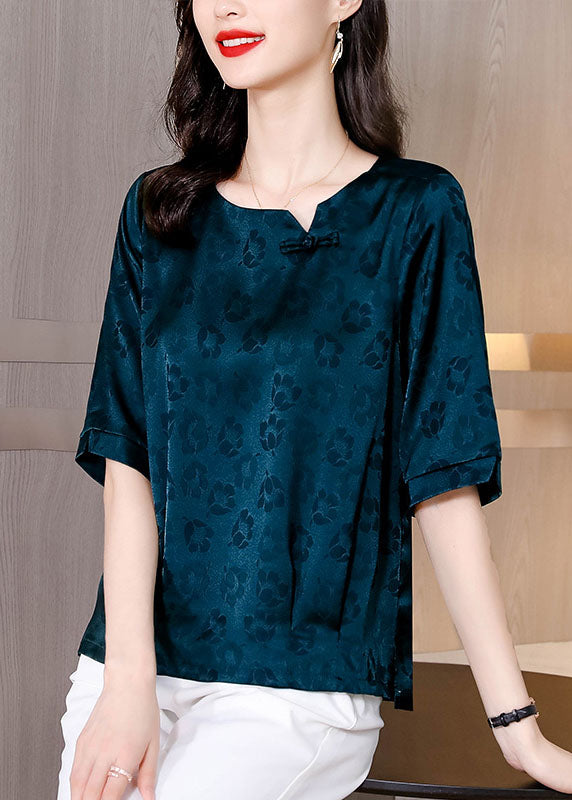 Natural Blue Print Patchwork Oriental Button Silk Tops Summer LY0429 - fabuloryshop