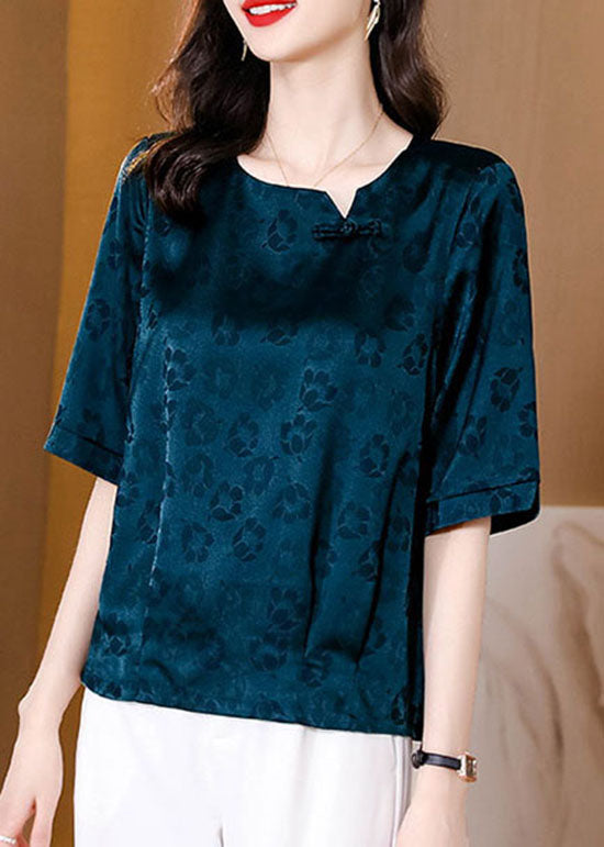 Natural Blue Print Patchwork Oriental Button Silk Tops Summer LY0429 - fabuloryshop