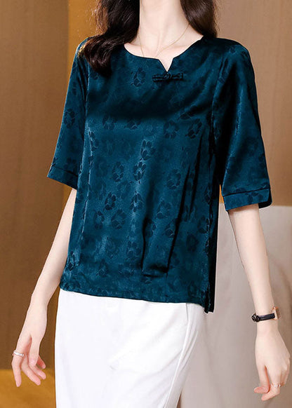 Natural Blue Print Patchwork Oriental Button Silk Tops Summer LY0429 - fabuloryshop