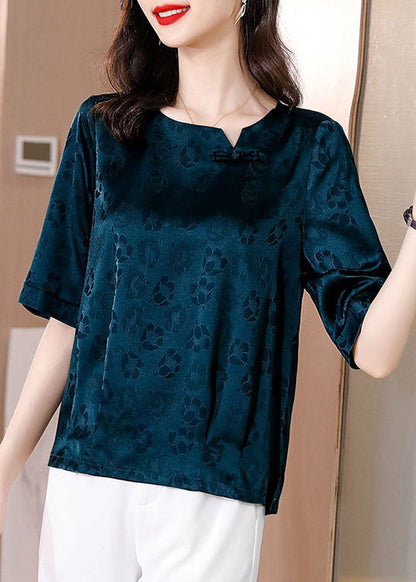 Natural Blue Print Patchwork Oriental Button Silk Tops Summer LY0429 - fabuloryshop