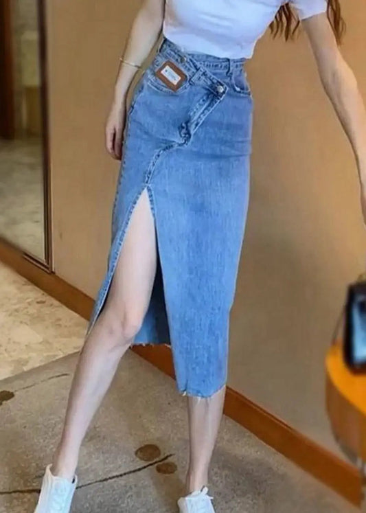 Natural Blue Sashes Patchwork High Waist Denim Maxi Skirts LY7920 Ada Fashion