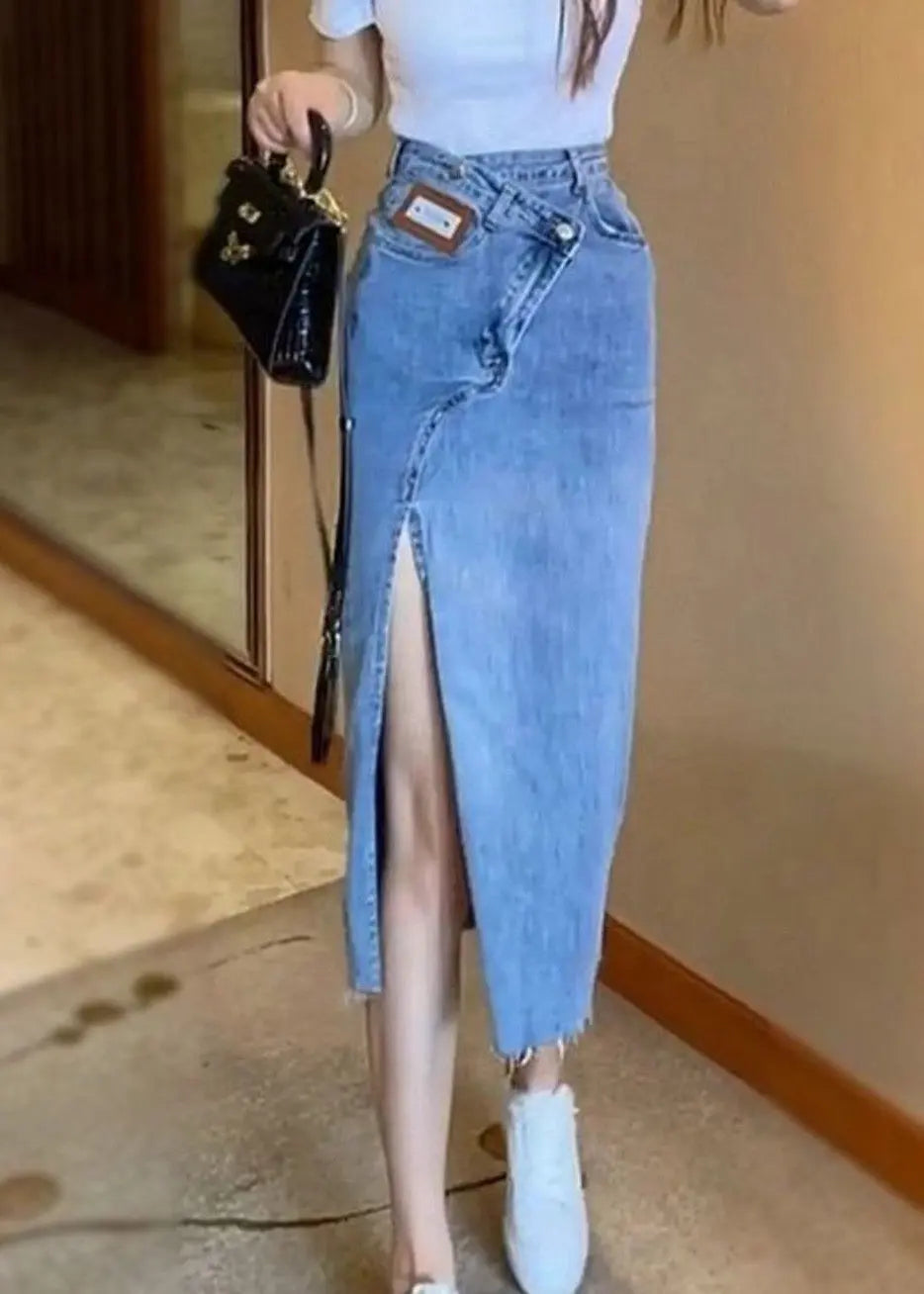 Natural Blue Sashes Patchwork High Waist Denim Maxi Skirts LY7920 Ada Fashion