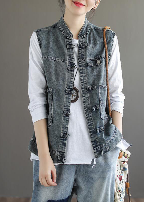 Natural Blue Stand Collar Pockets Patchwork Denim Waistcoat Sleeveless Ada Fashion