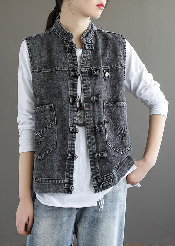 Natural Blue Stand Collar Pockets Patchwork Denim Waistcoat Sleeveless Ada Fashion