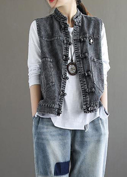 Natural Blue Stand Collar Pockets Patchwork Denim Waistcoat Sleeveless Ada Fashion