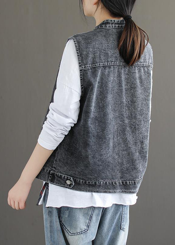 Natural Blue Stand Collar Pockets Patchwork Denim Waistcoat Sleeveless Ada Fashion