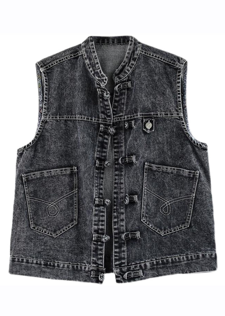 Natural Blue Stand Collar Pockets Patchwork Denim Waistcoat Sleeveless Ada Fashion