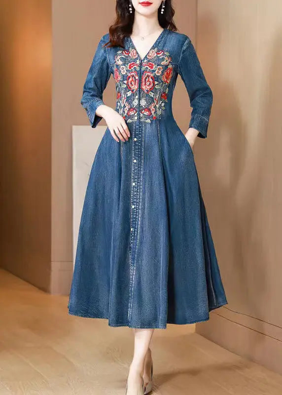 Natural Blue V Neck Embroideried Patchwork Denim Dress Long Sleeve Ada Fashion