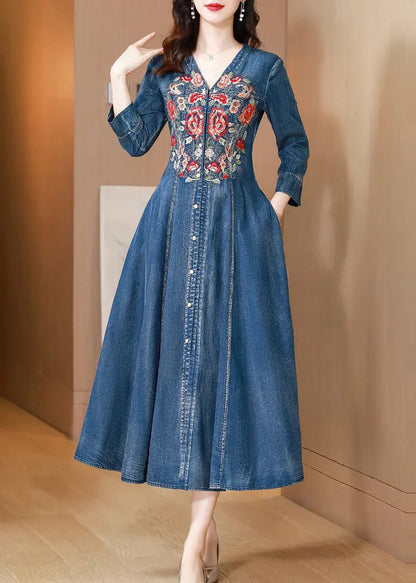 Natural Blue V Neck Embroideried Patchwork Denim Dress Long Sleeve Ada Fashion