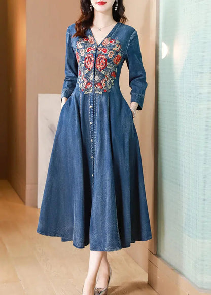 Natural Blue V Neck Embroideried Patchwork Denim Dress Long Sleeve Ada Fashion