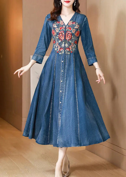 Natural Blue V Neck Embroideried Patchwork Denim Dress Long Sleeve Ada Fashion