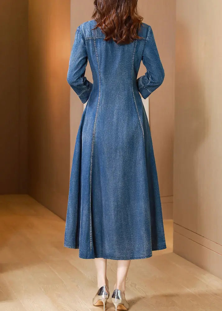 Natural Blue V Neck Embroideried Patchwork Denim Dress Long Sleeve Ada Fashion