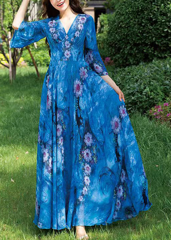 Natural Blue V Neck Print Chiffon Long Holiday Dress Long Sleeve LY1772 - fabuloryshop