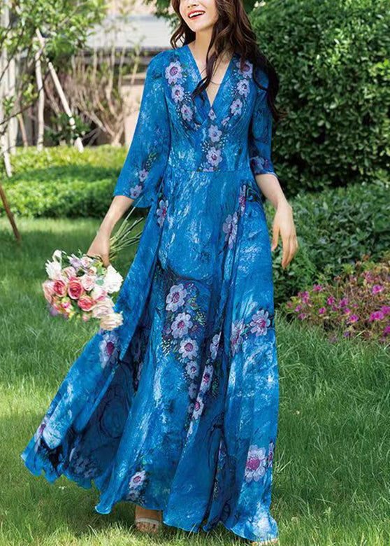 Natural Blue V Neck Print Chiffon Long Holiday Dress Long Sleeve LY1772 - fabuloryshop