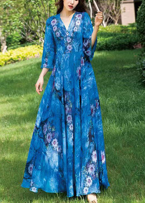 Natural Blue V Neck Print Chiffon Long Holiday Dress Long Sleeve LY1772 - fabuloryshop