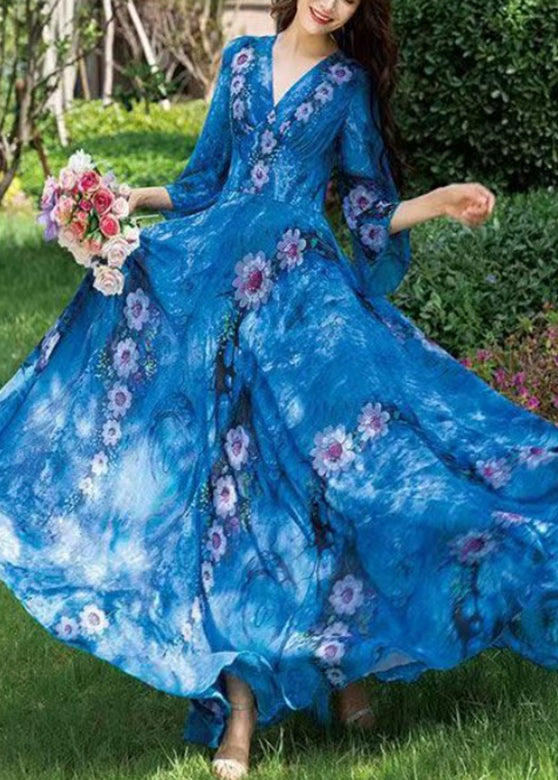 Natural Blue V Neck Print Chiffon Long Holiday Dress Long Sleeve LY1772 - fabuloryshop