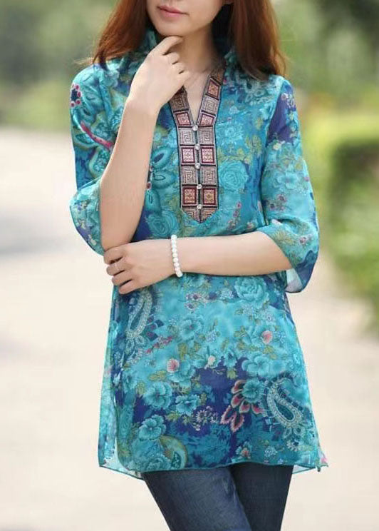 Natural Blue V Neck Print Patchwork Chiffon Top Summer LY3803 - fabuloryshop