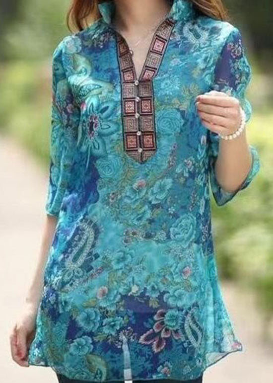 Natural Blue V Neck Print Patchwork Chiffon Top Summer LY3803 - fabuloryshop