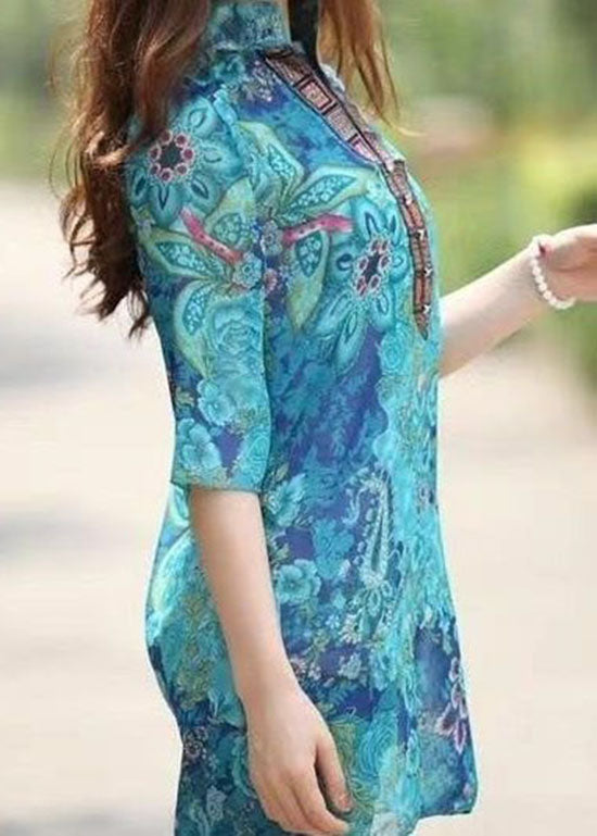 Natural Blue V Neck Print Patchwork Chiffon Top Summer LY3803 - fabuloryshop