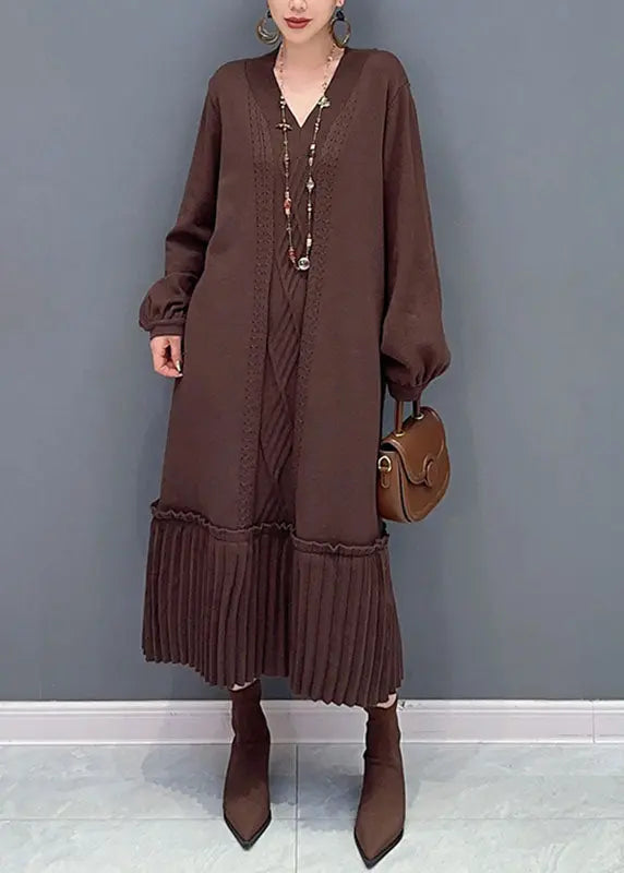 Natural Brown V Neck Patchwork Knit Maxi Sweater Dress Fall Ada Fashion