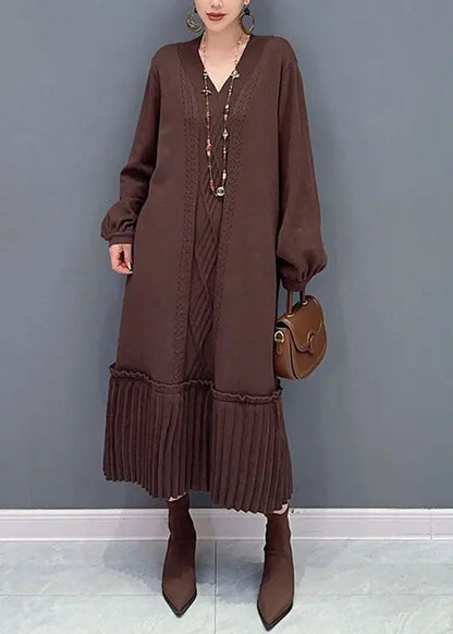 Natural Brown V Neck Patchwork Knit Maxi Sweater Dress Fall Ada Fashion