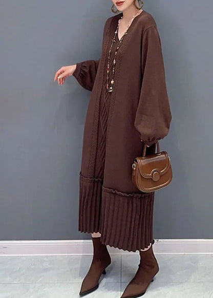 Natural Brown V Neck Patchwork Knit Maxi Sweater Dress Fall Ada Fashion