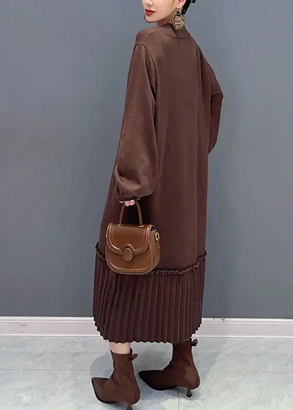 Natural Brown V Neck Patchwork Knit Maxi Sweater Dress Fall Ada Fashion