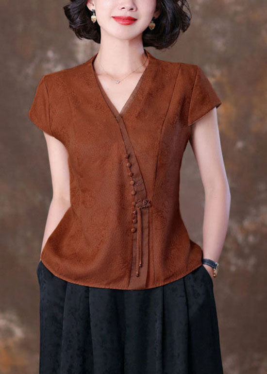 Natural Caramel V Neck Tasseled Patchwork Silk T Shirts Summer LC0270 - fabuloryshop