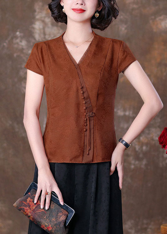 Natural Caramel V Neck Tasseled Patchwork Silk T Shirts Summer LC0270 - fabuloryshop