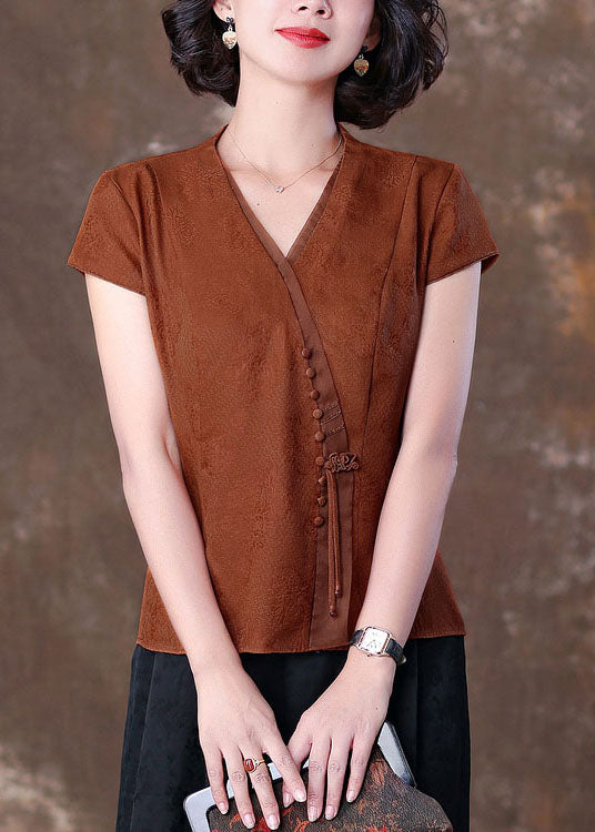 Natural Caramel V Neck Tasseled Patchwork Silk T Shirts Summer LC0270 - fabuloryshop