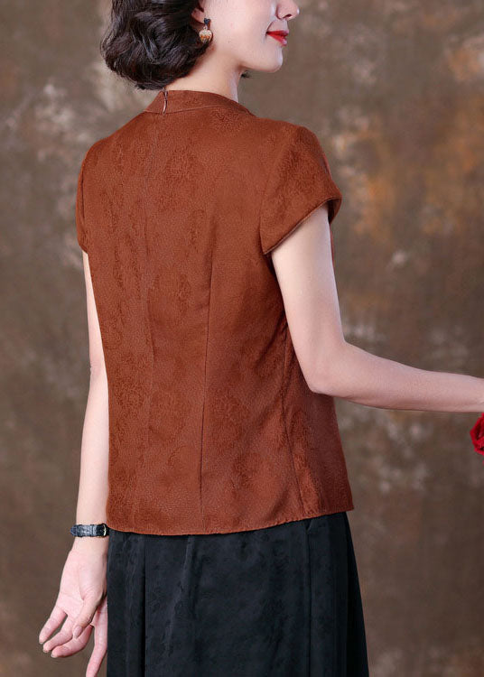 Natural Caramel V Neck Tasseled Patchwork Silk T Shirts Summer LC0270 - fabuloryshop