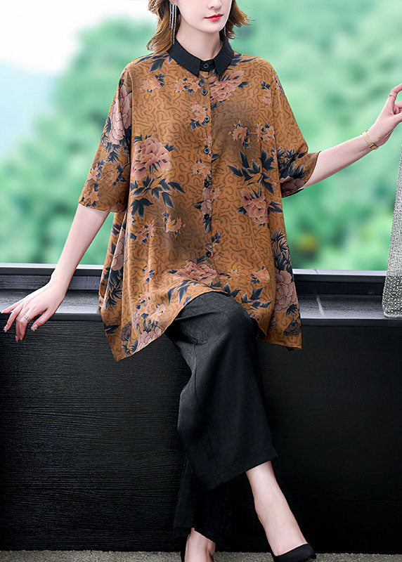 Natural Coffee Peter Pan Collar Print Patchwork Silk Two Piece Suit Set Summer LY5968 Ada Fashion