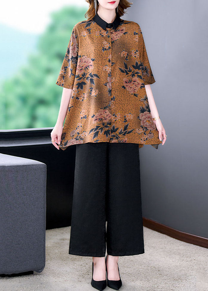 Natural Coffee Peter Pan Collar Print Patchwork Silk Two Piece Suit Set Summer LY5968 Ada Fashion