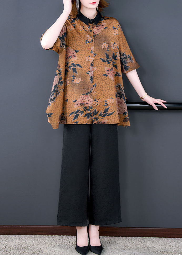 Natural Coffee Peter Pan Collar Print Patchwork Silk Two Piece Suit Set Summer LY5968 Ada Fashion