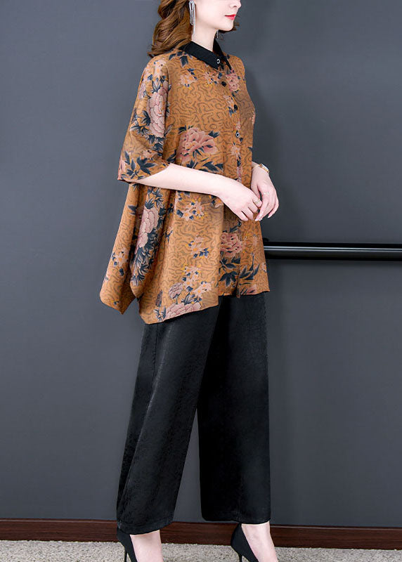 Natural Coffee Peter Pan Collar Print Patchwork Silk Two Piece Suit Set Summer LY5968 Ada Fashion