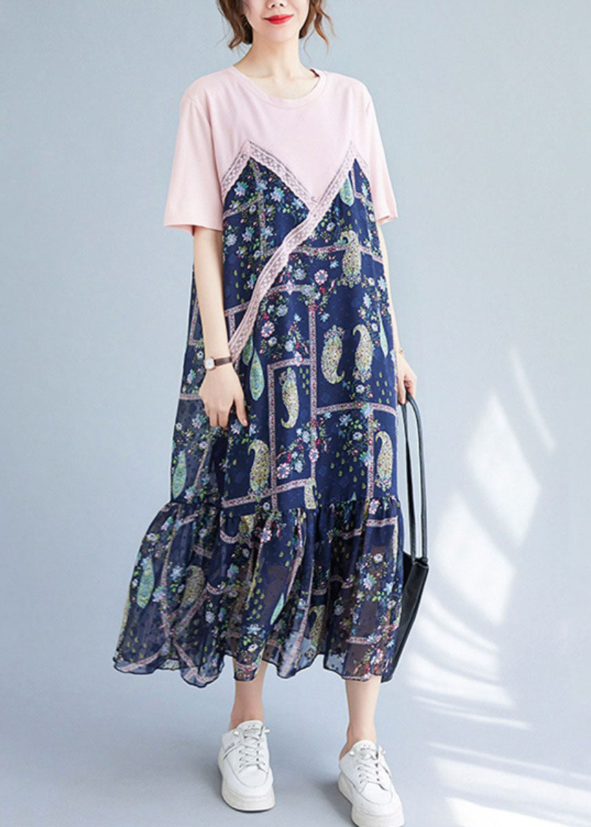 Natural Colorblock O Neck Print Patchwork Cotton T Shirt Dress Summer LY5664 - fabuloryshop