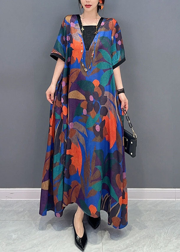 Natural Colorblock V Neck Print Patchwork Cotton Dress Short Sleeve LC0335 - fabuloryshop