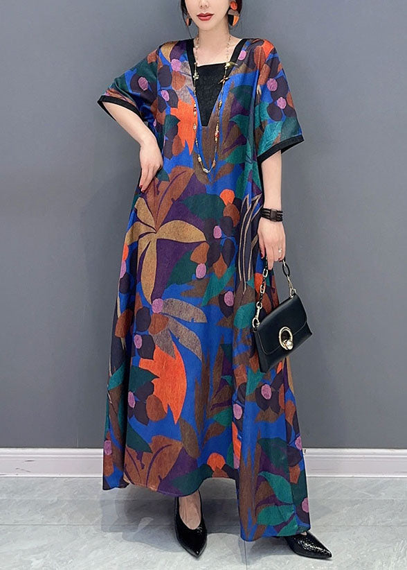 Natural Colorblock V Neck Print Patchwork Cotton Dress Short Sleeve LC0335 - fabuloryshop