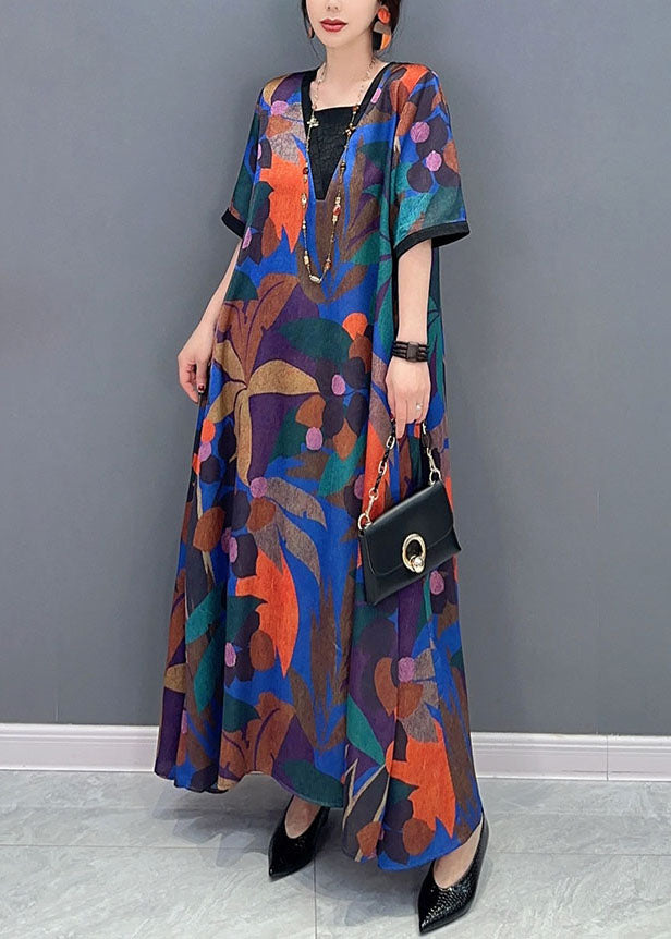 Natural Colorblock V Neck Print Patchwork Cotton Dress Short Sleeve LC0335 - fabuloryshop